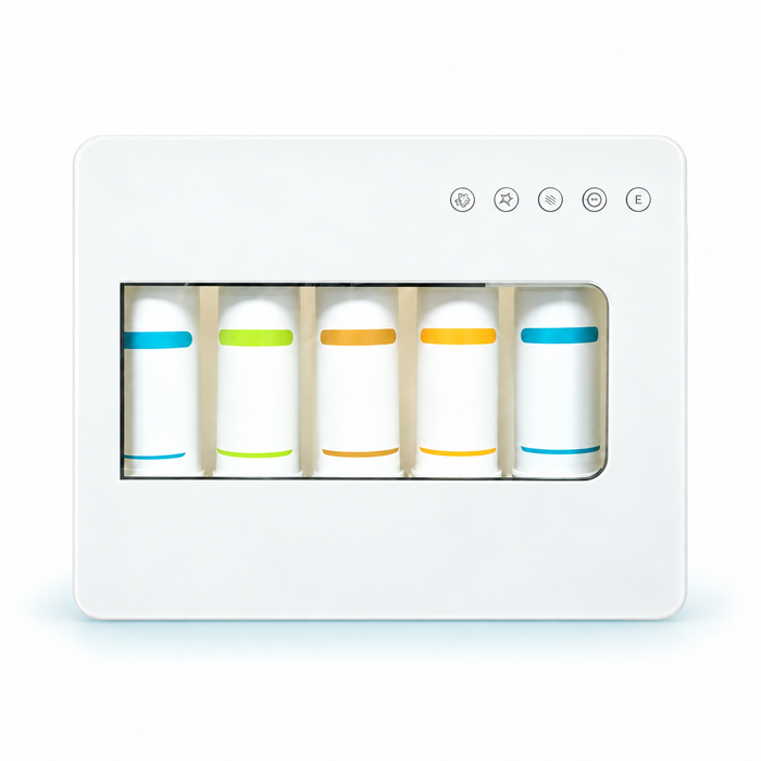 White five-stage kitchen water filtration cabinet with a horizontal cartridge window