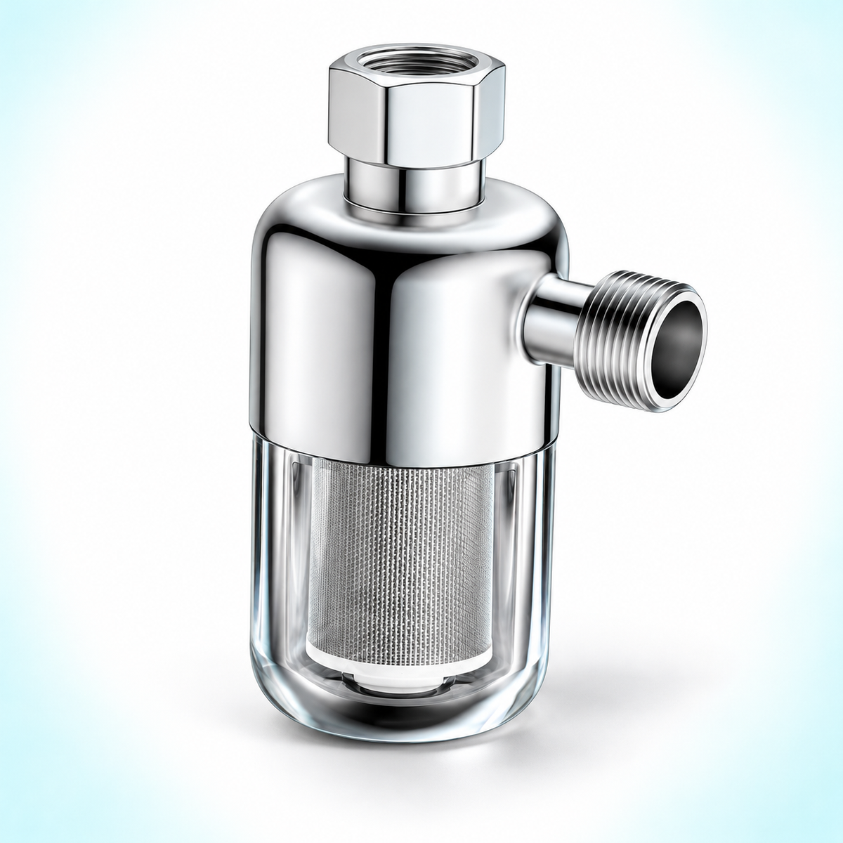 Chrome-finish right-angle water filter with clear bowl and washable mesh cartridge