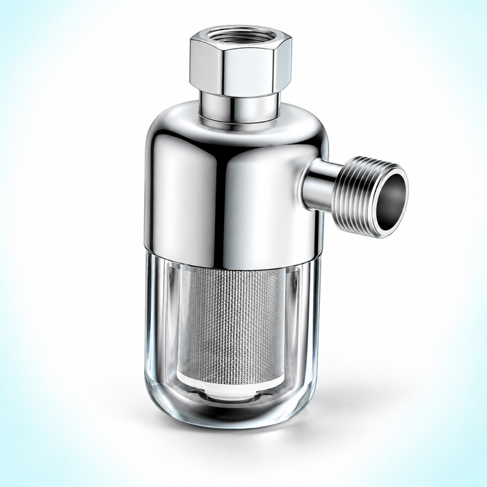Chrome-finish right-angle water filter with clear bowl and washable mesh cartridge