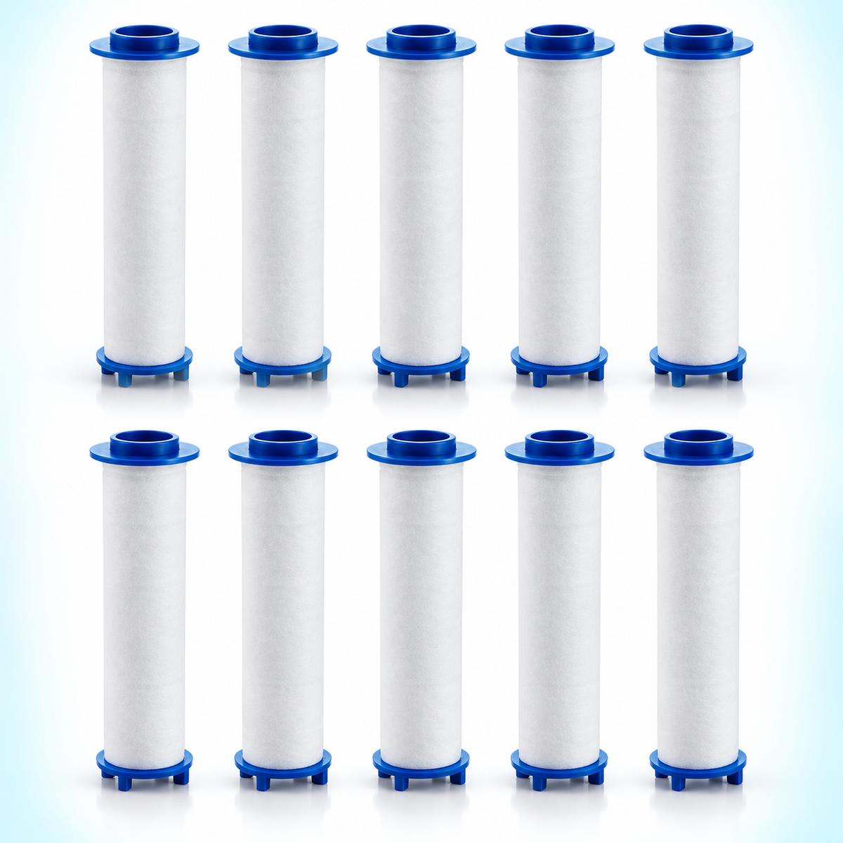 10 blue-cap PP cotton shower filter cartridges, 110 mm overall length