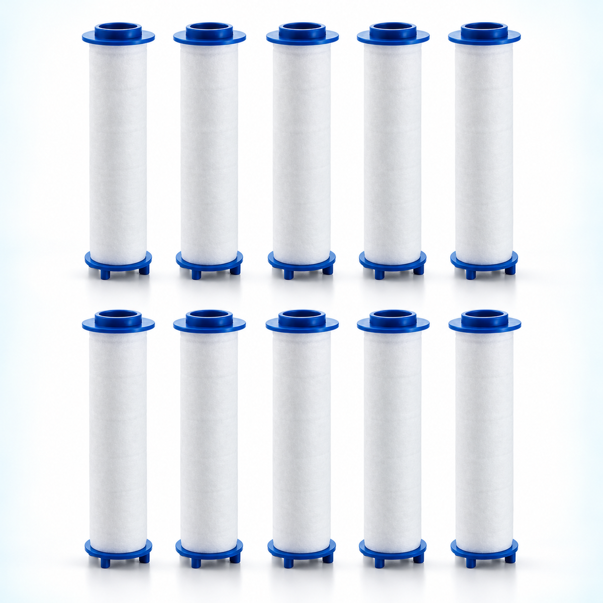 10 blue-cap PP cotton shower filter cartridges, 120 mm overall length