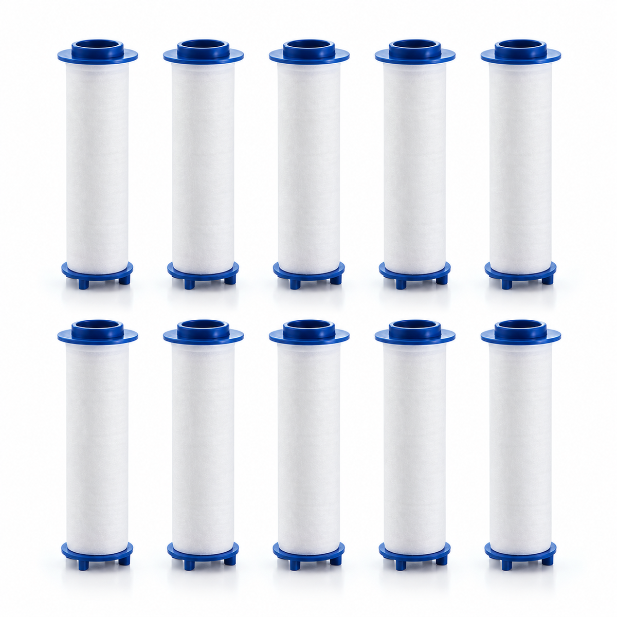 10 blue-cap PP cotton shower filter cartridges, 65 mm overall length