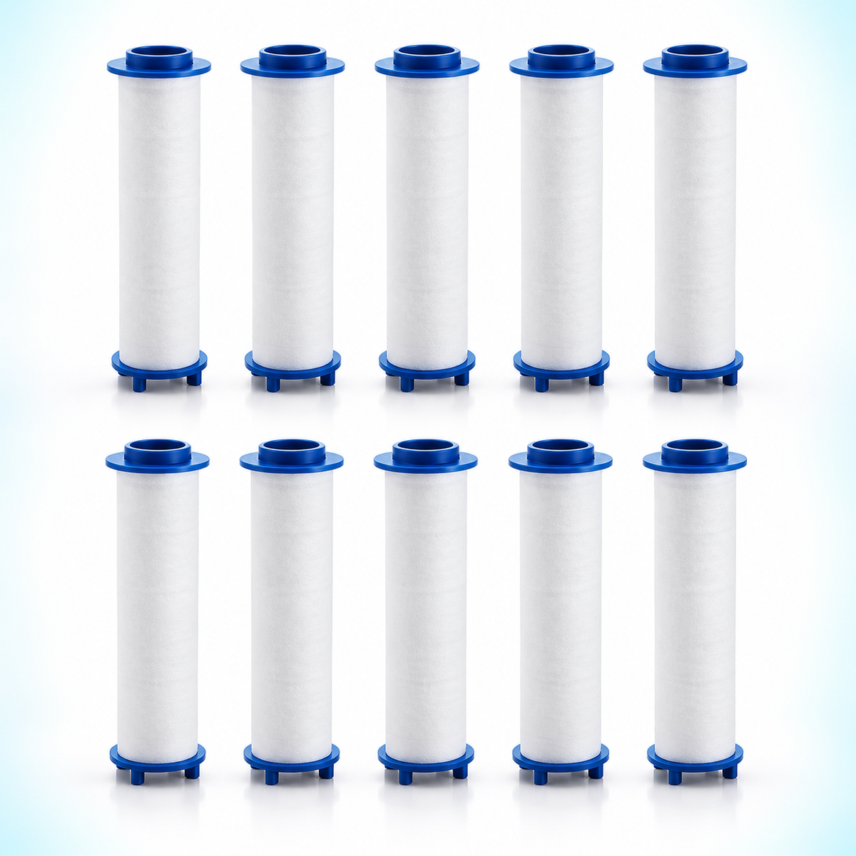10 blue-cap PP cotton shower filter cartridges, 80 mm overall length