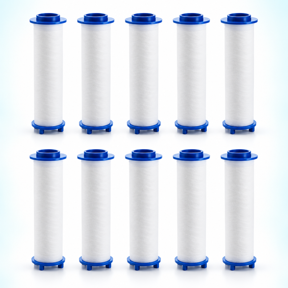 10 blue-cap PP cotton shower filter cartridges, 85 mm overall length