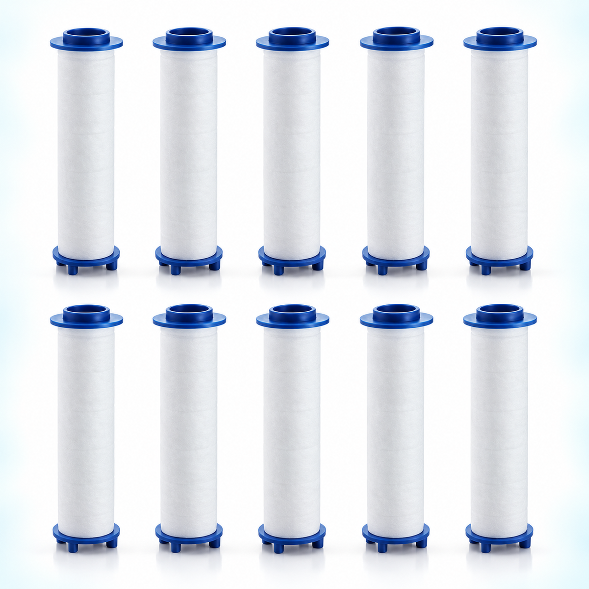 10 blue-cap PP cotton shower filter cartridges, 90 mm overall length