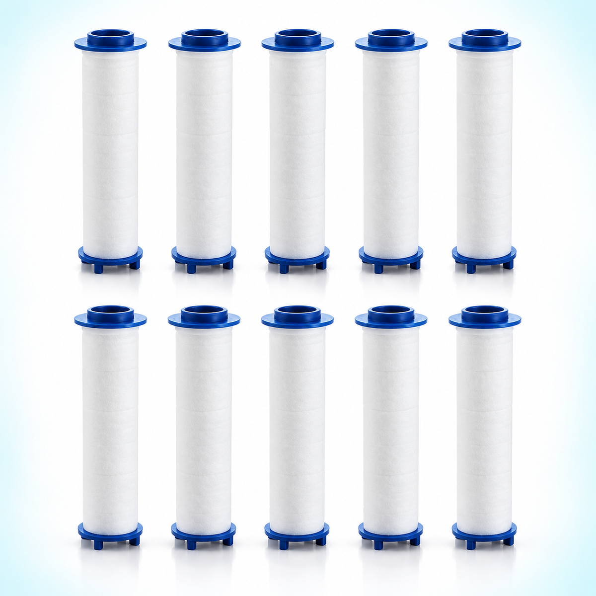 10 blue-cap PP cotton shower filter cartridges, 95 mm overall length