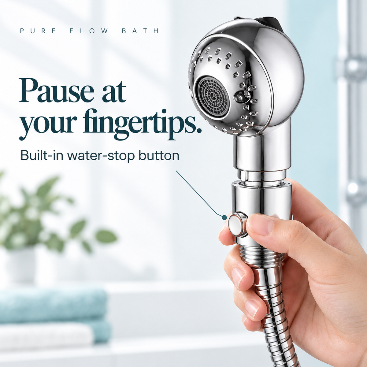 Pure Flow Bath silver compact bath showerhead stop view