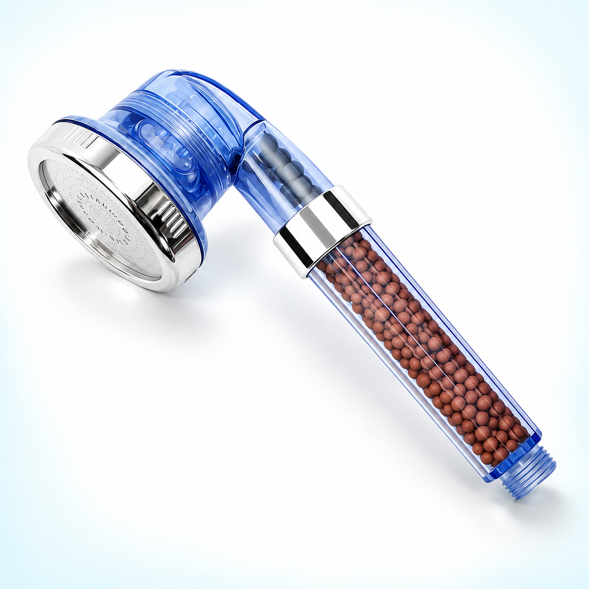 Three-mode bead handheld shower head in transparent blue with chrome trim