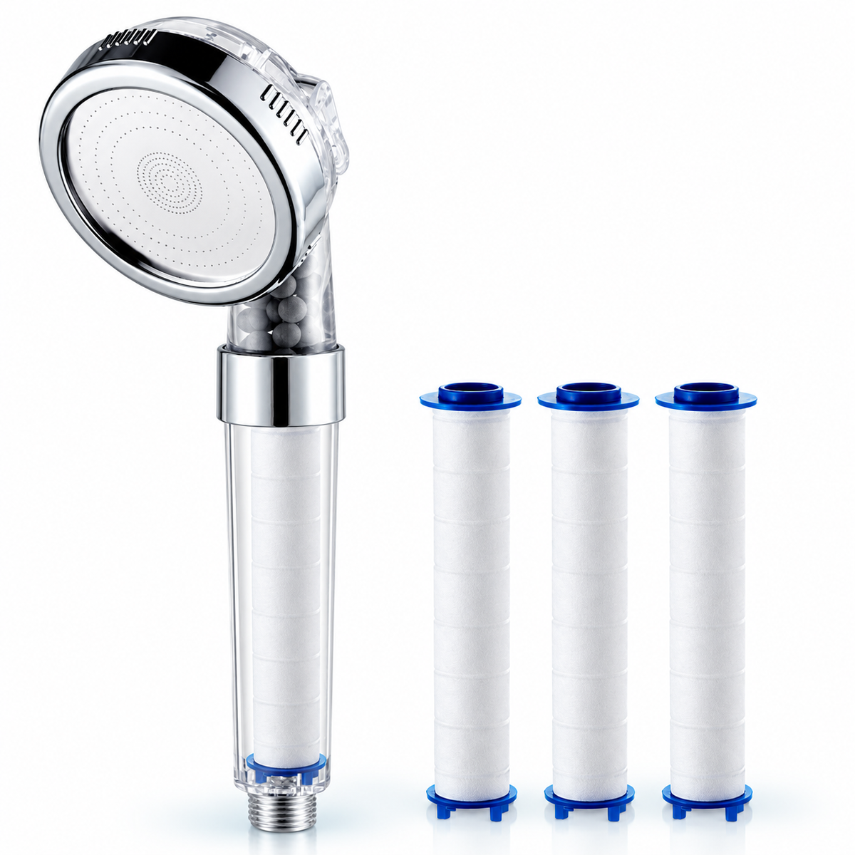 3-Mode Filtered Handheld Shower Head with Replaceable Cartridge - Clear - 3 extra PP cartridges