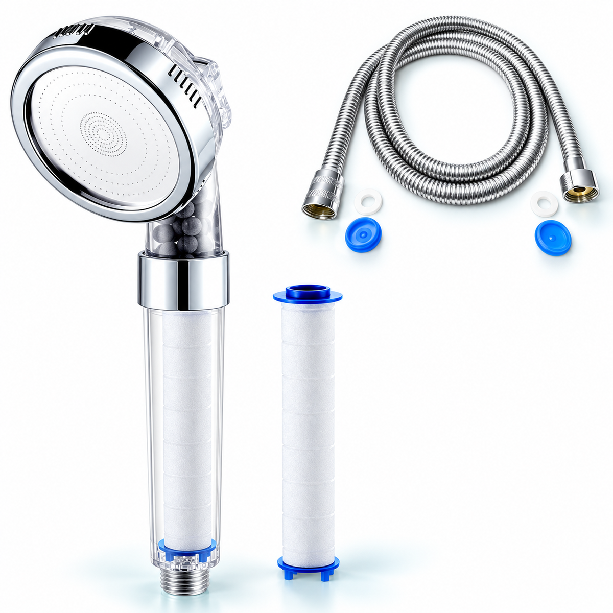 3-Mode Filtered Handheld Shower Head with Replaceable Cartridge - Clear - 1 PP cartridge + 1.5 m hose