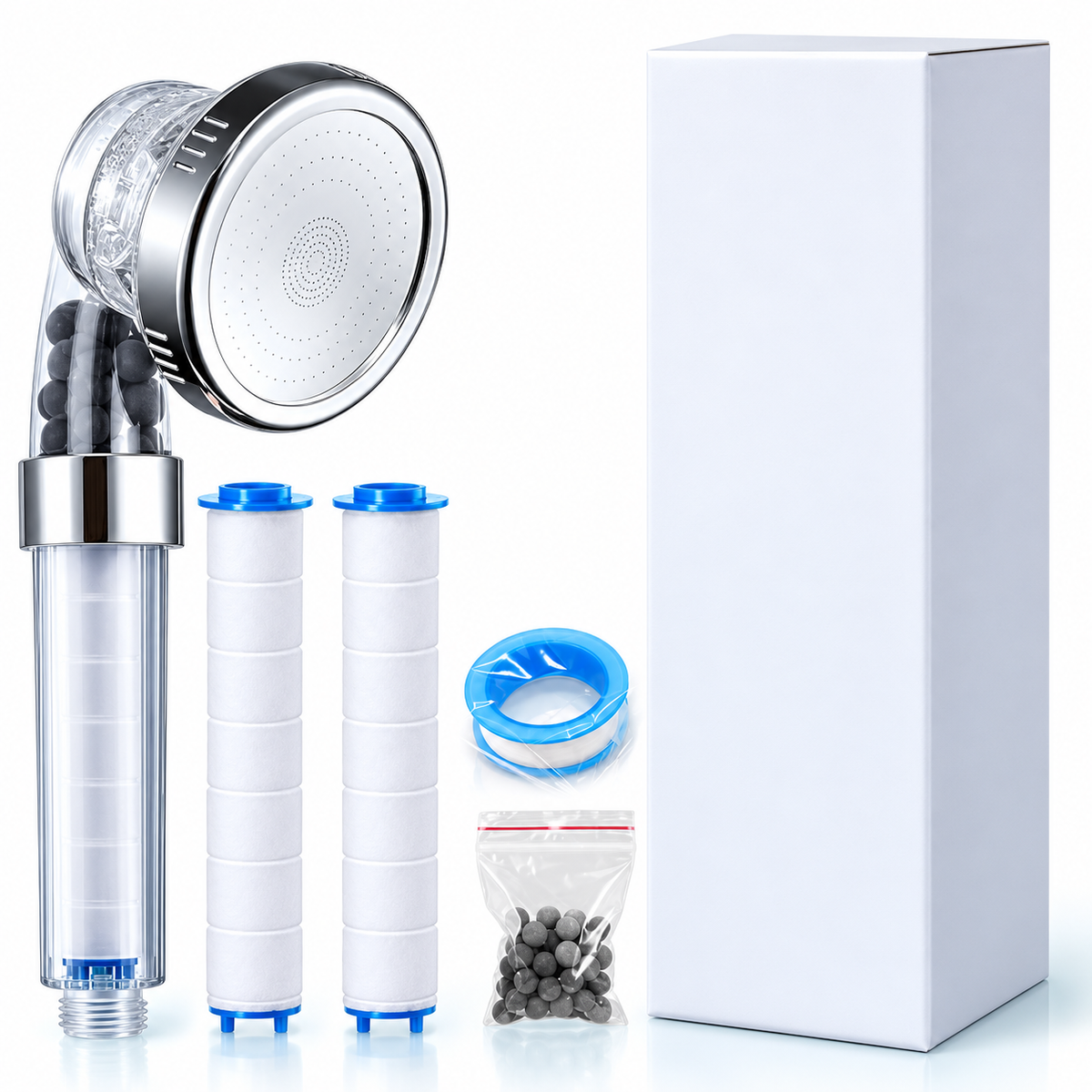 Classic 3-Mode Filter Handheld Shower Head - Clear - PP head + 2 cartridges + beads + tape + box