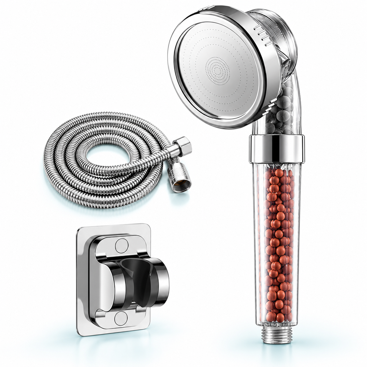 Classic 3-Mode Filter Handheld Shower Head - Clear - Bead head + 1.5 m hose + holder