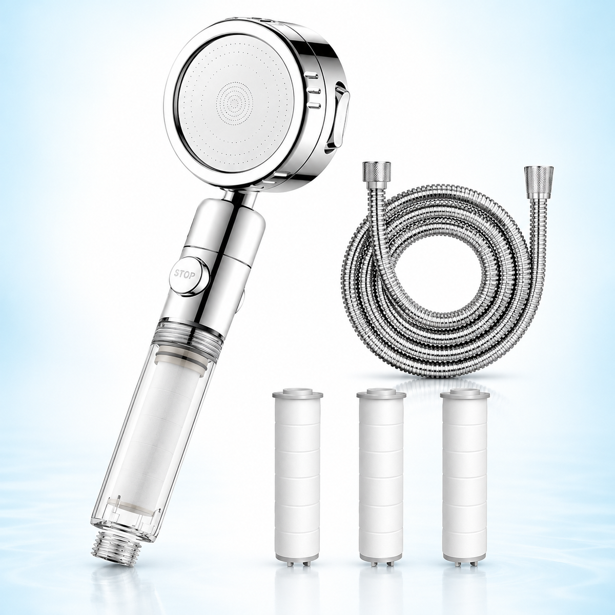 Three-mode clear-handle filtered showerhead - Silver / 1.5 m hose + 3 spare filters