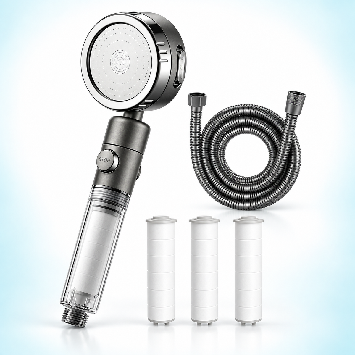 Three-mode clear-handle filtered showerhead - Gray / 1.5 m hose + 3 spare filters