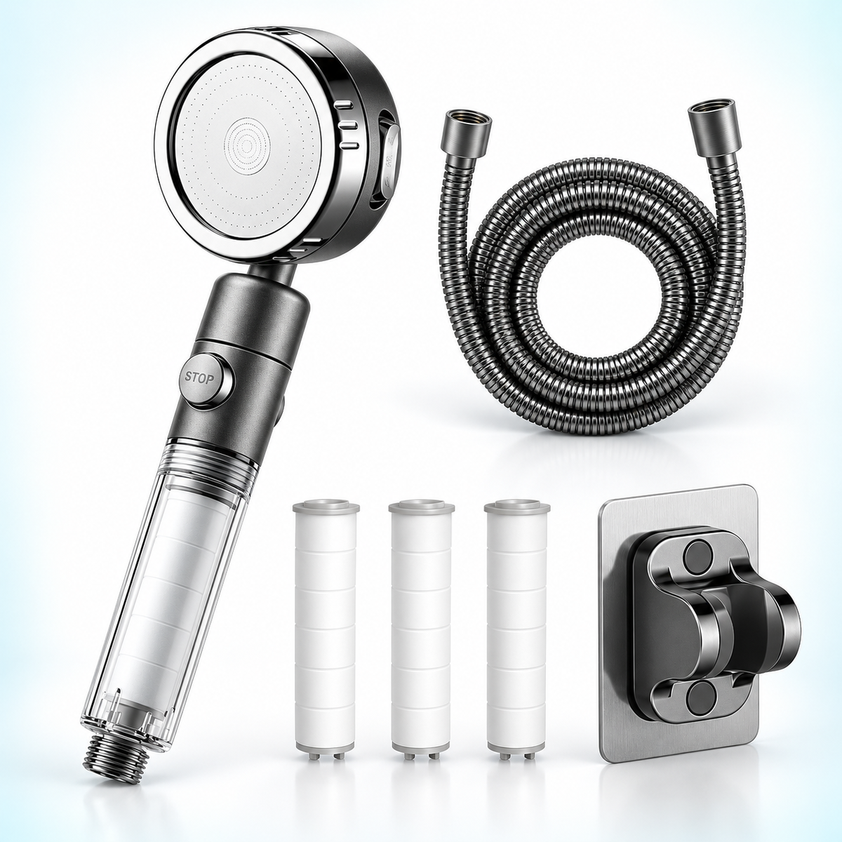 Three-mode clear-handle filtered showerhead - Gray / 1.5 m hose + holder + 3 spare filters