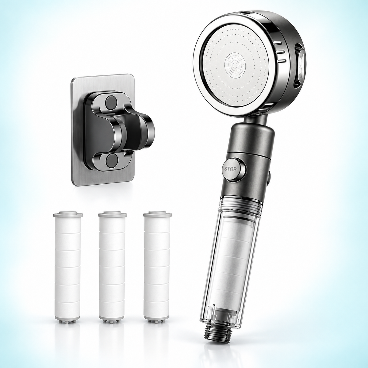 Three-mode clear-handle filtered showerhead - Gray / Holder + 3 spare filters