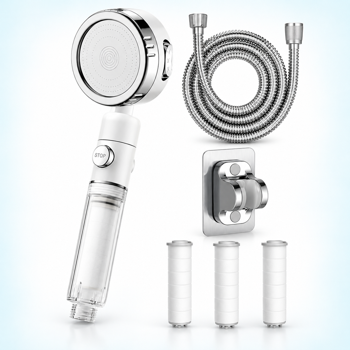 Three-mode clear-handle filtered showerhead - White / 1.5 m hose + holder + 3 spare filters