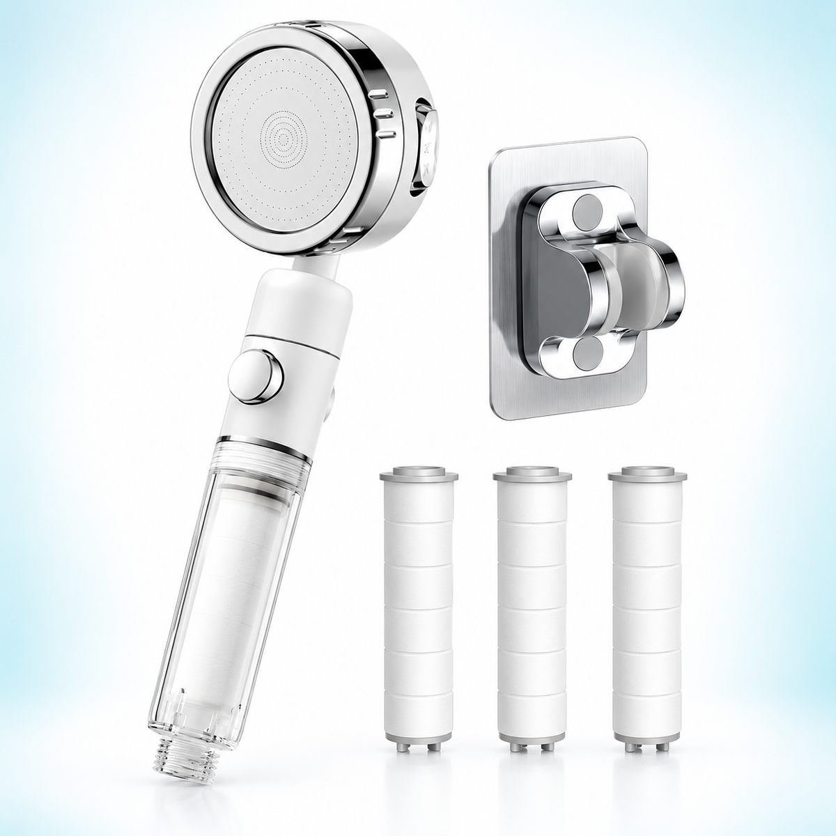 Three-mode clear-handle filtered showerhead - White / Holder + 3 spare filters