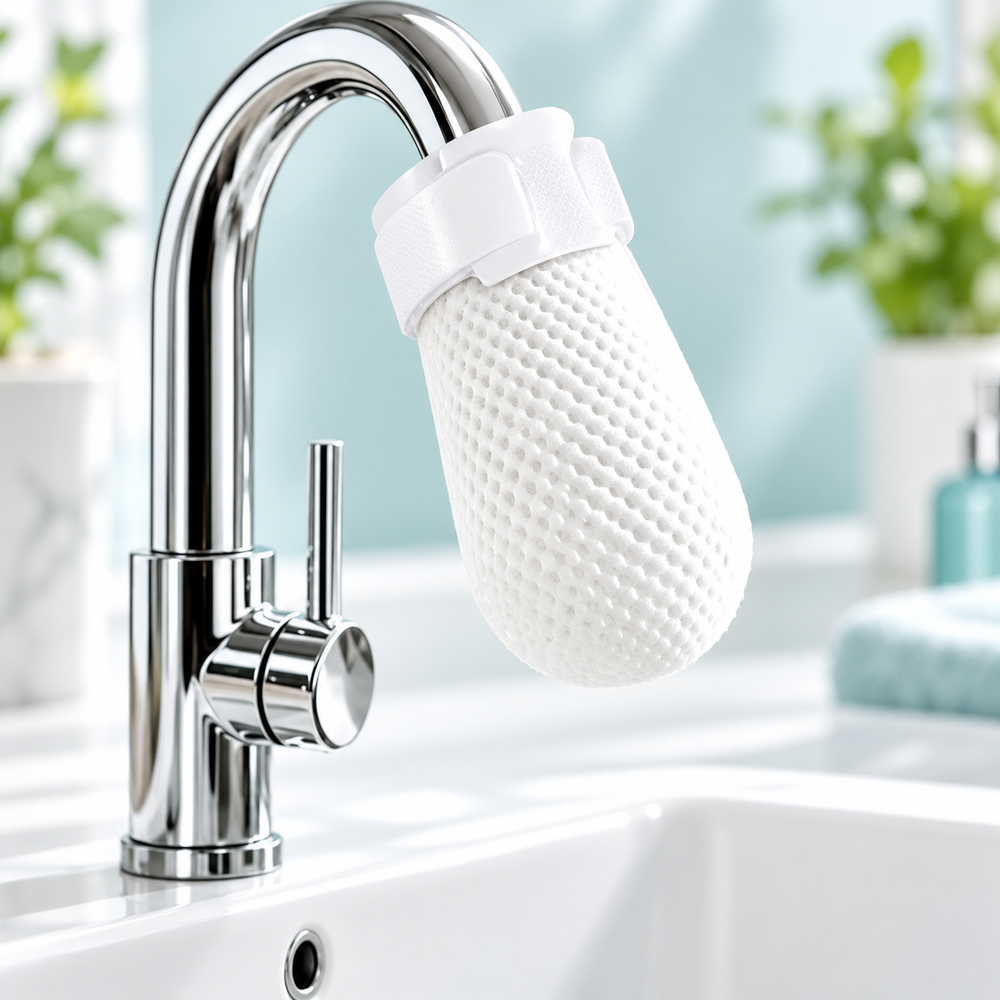 White textured faucet filter bag secured with a hook-and-loop strap; faucet shown for fitting illustration
