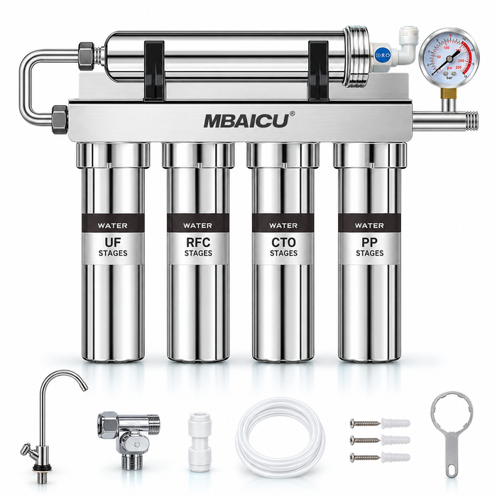 Five-stage stainless ultrafiltration kit with metal connections and installation accessories
