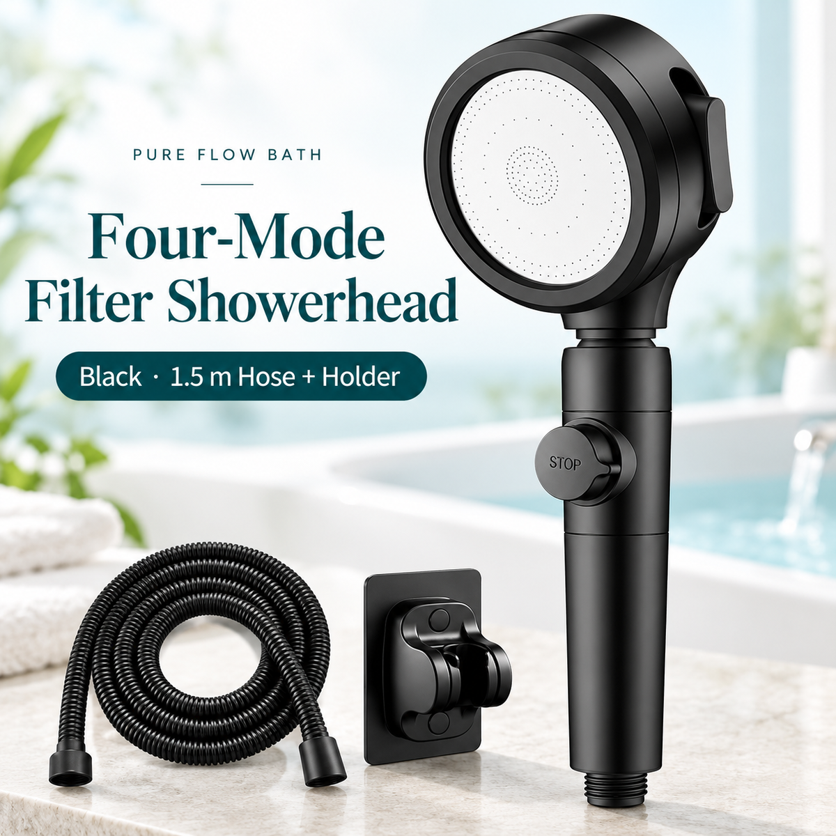 Pure Flow Bath Black · 1.5 m Hose + Holder