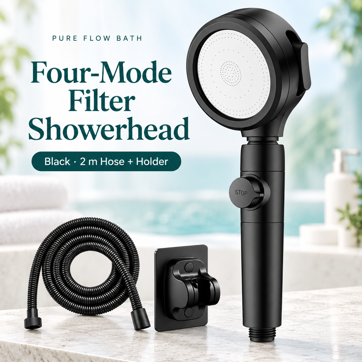 Pure Flow Bath Black · 2 m Hose + Holder
