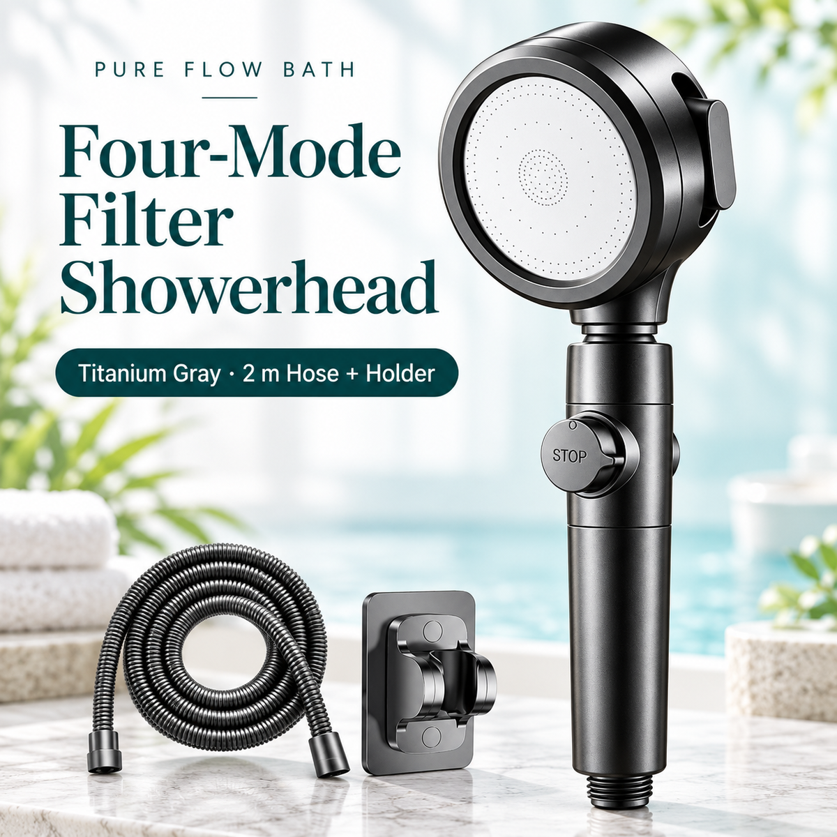 Pure Flow Bath Titanium Gray · 2 m Hose + Holder