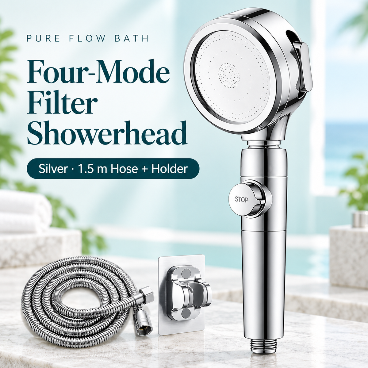 Pure Flow Bath Silver · 1.5 m Hose + Holder