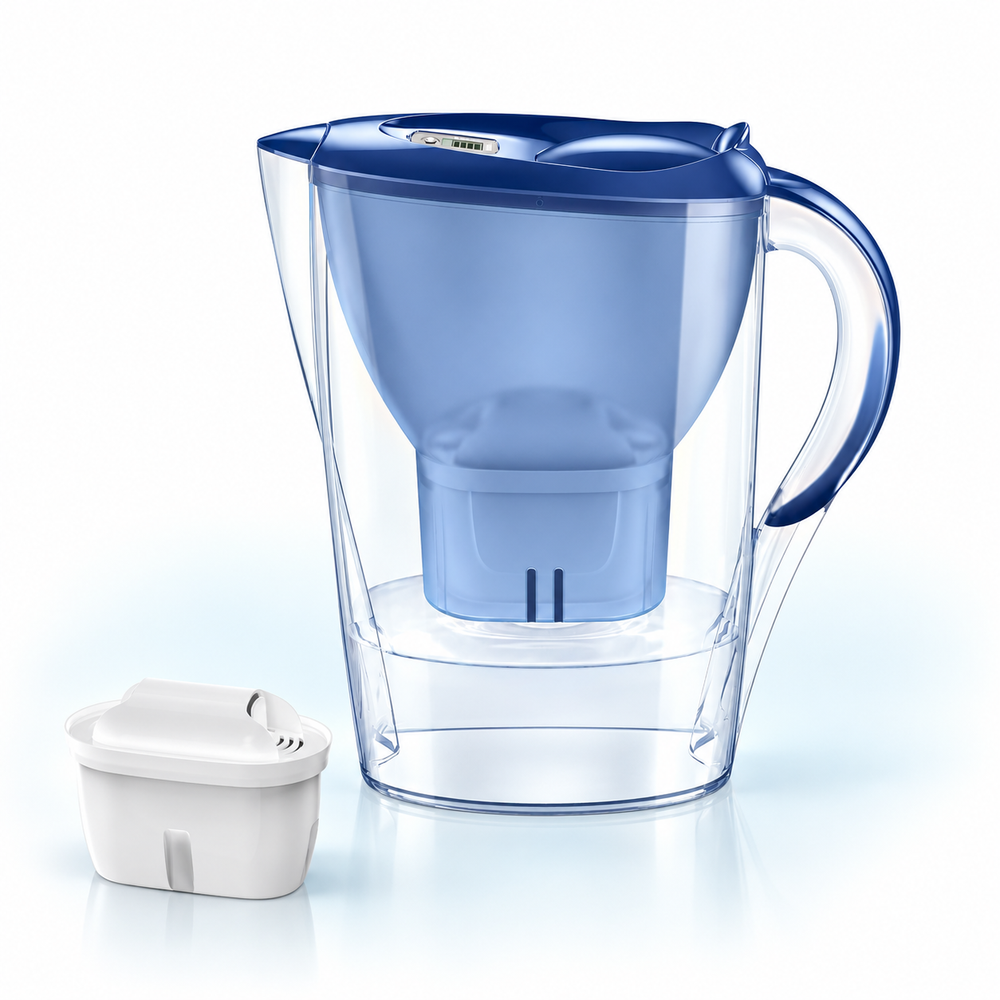 blue 3.5 L filter pitcher with 1 separate white filter cartridges