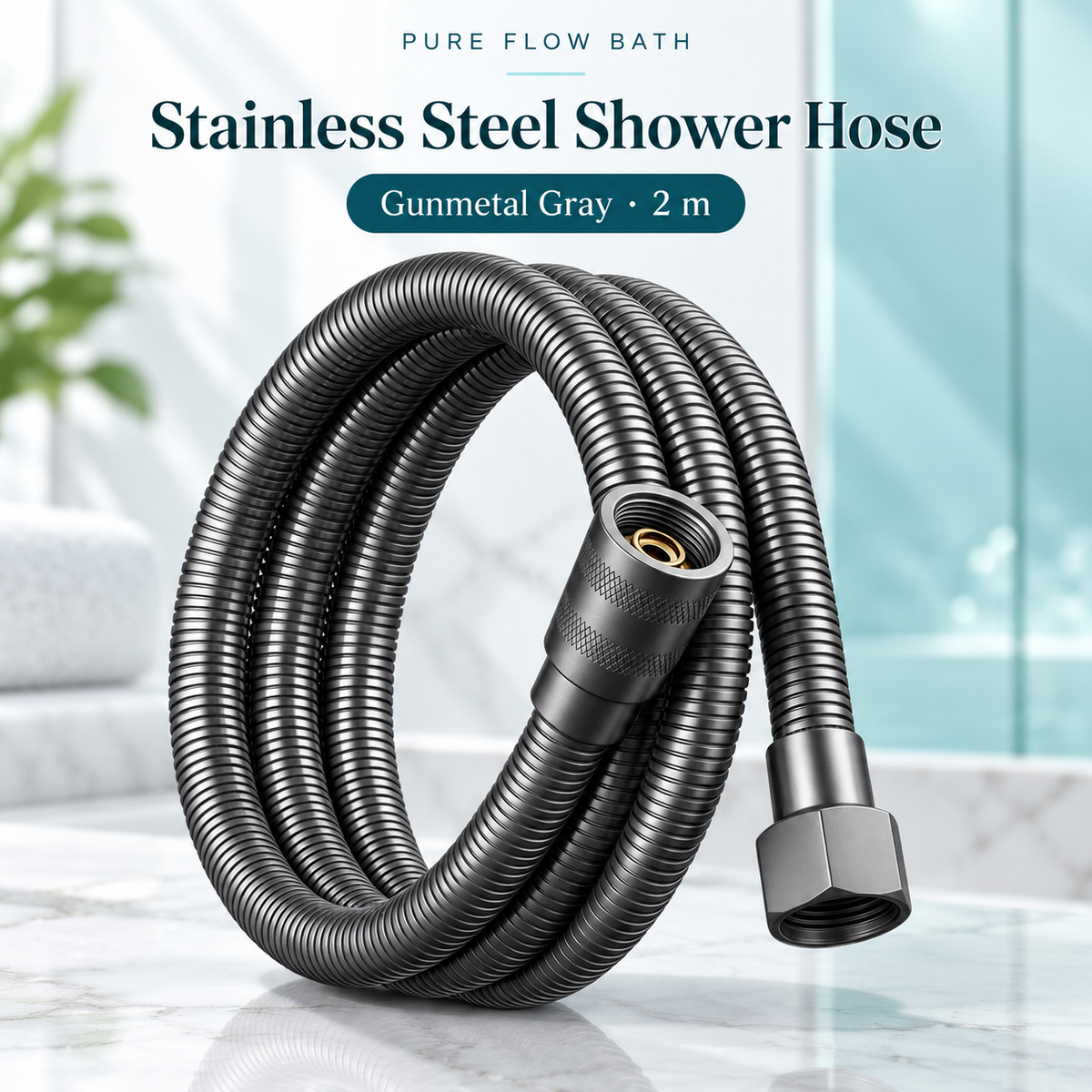 Pure Flow Bath Stainless Steel Shower Hose — Gunmetal Gray · 2 m