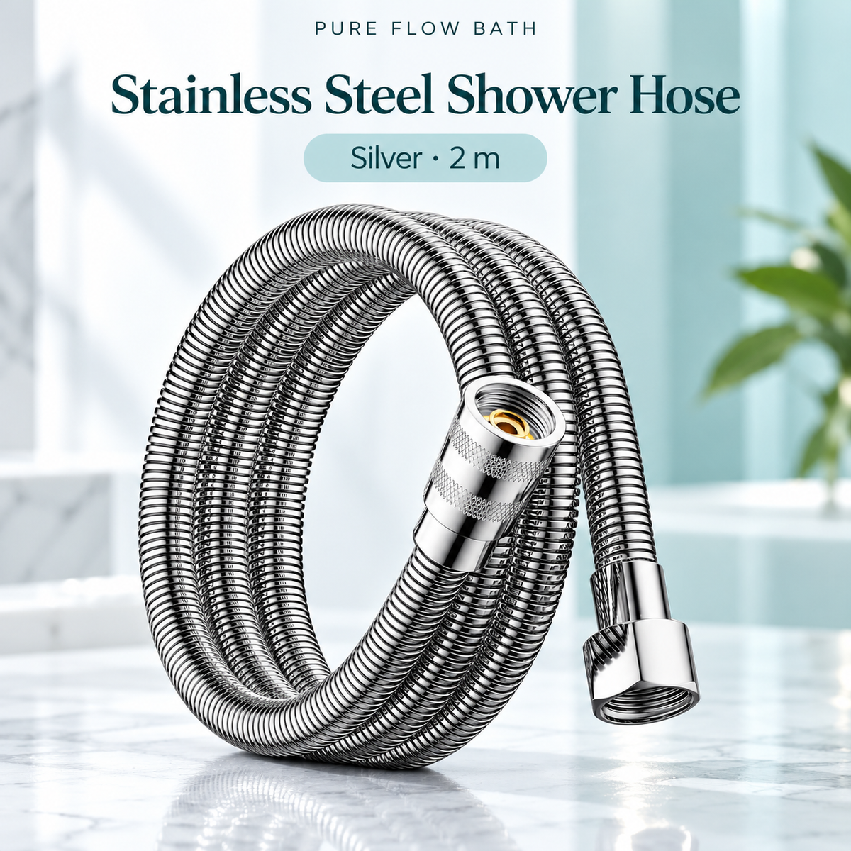 Pure Flow Bath Stainless Steel Shower Hose — Silver · 2 m