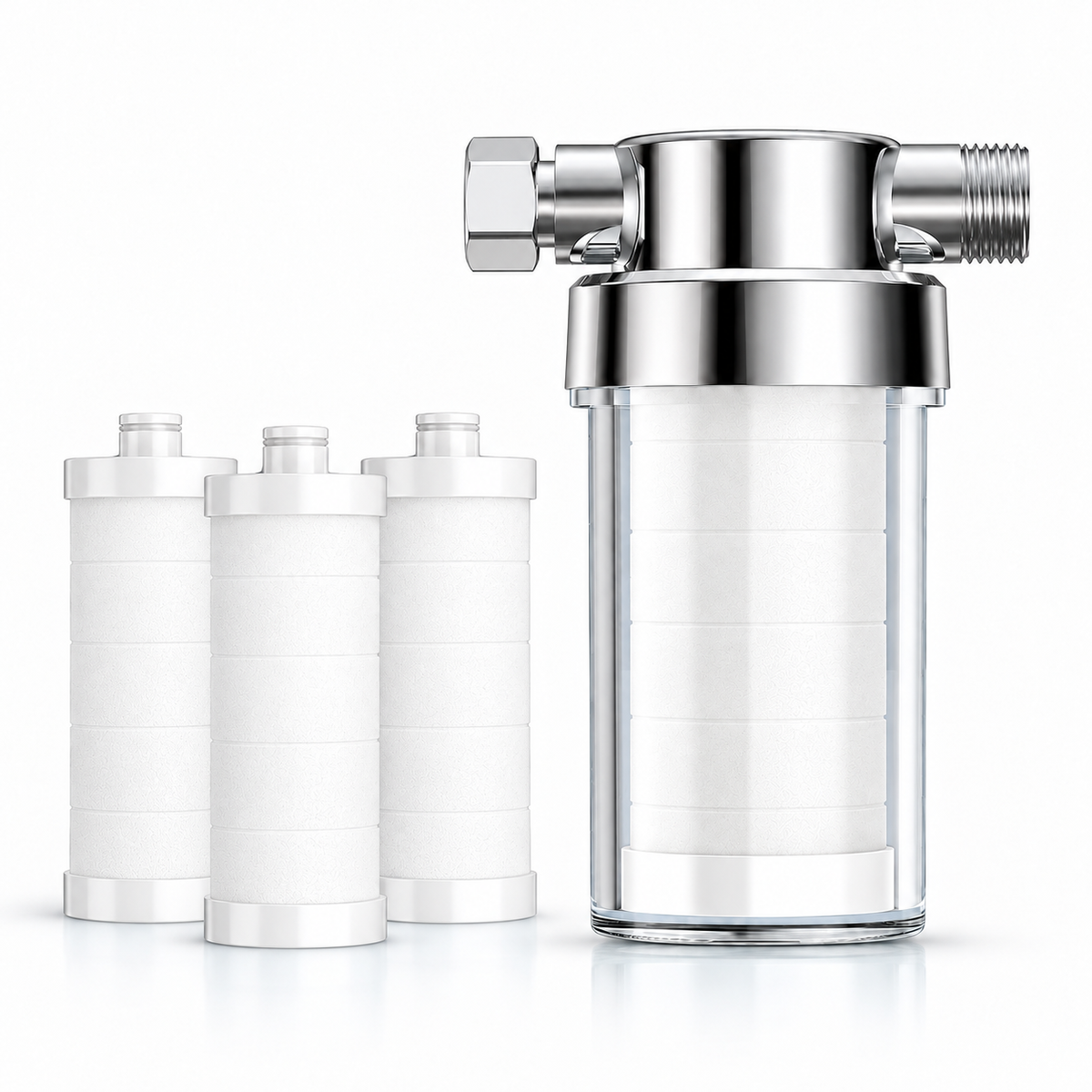 Chrome-finish inline water filter with three spare cartridges