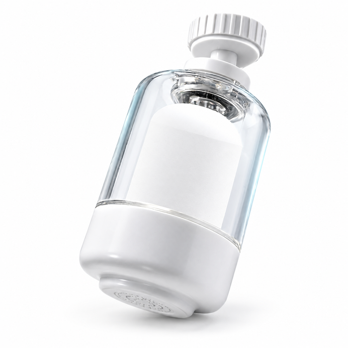 clear faucet filter with white ceramic cartridge and swivel connector