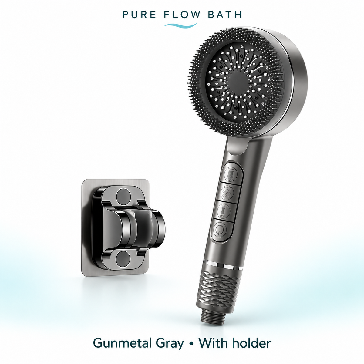 Pure Flow Bath Piano Showerhead — Gunmetal Gray, With holder