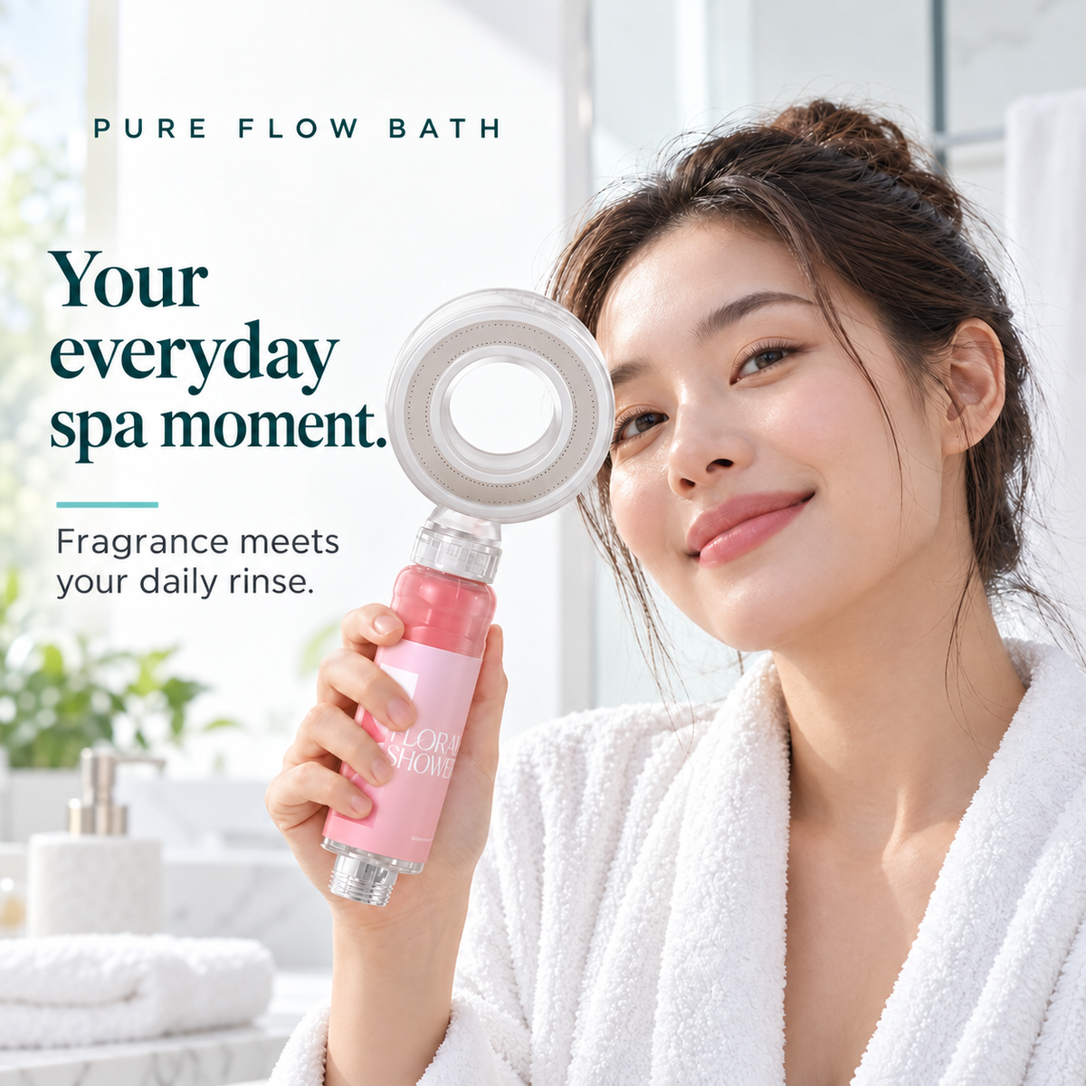 Woman holding the pink fragrance-filter ring showerhead