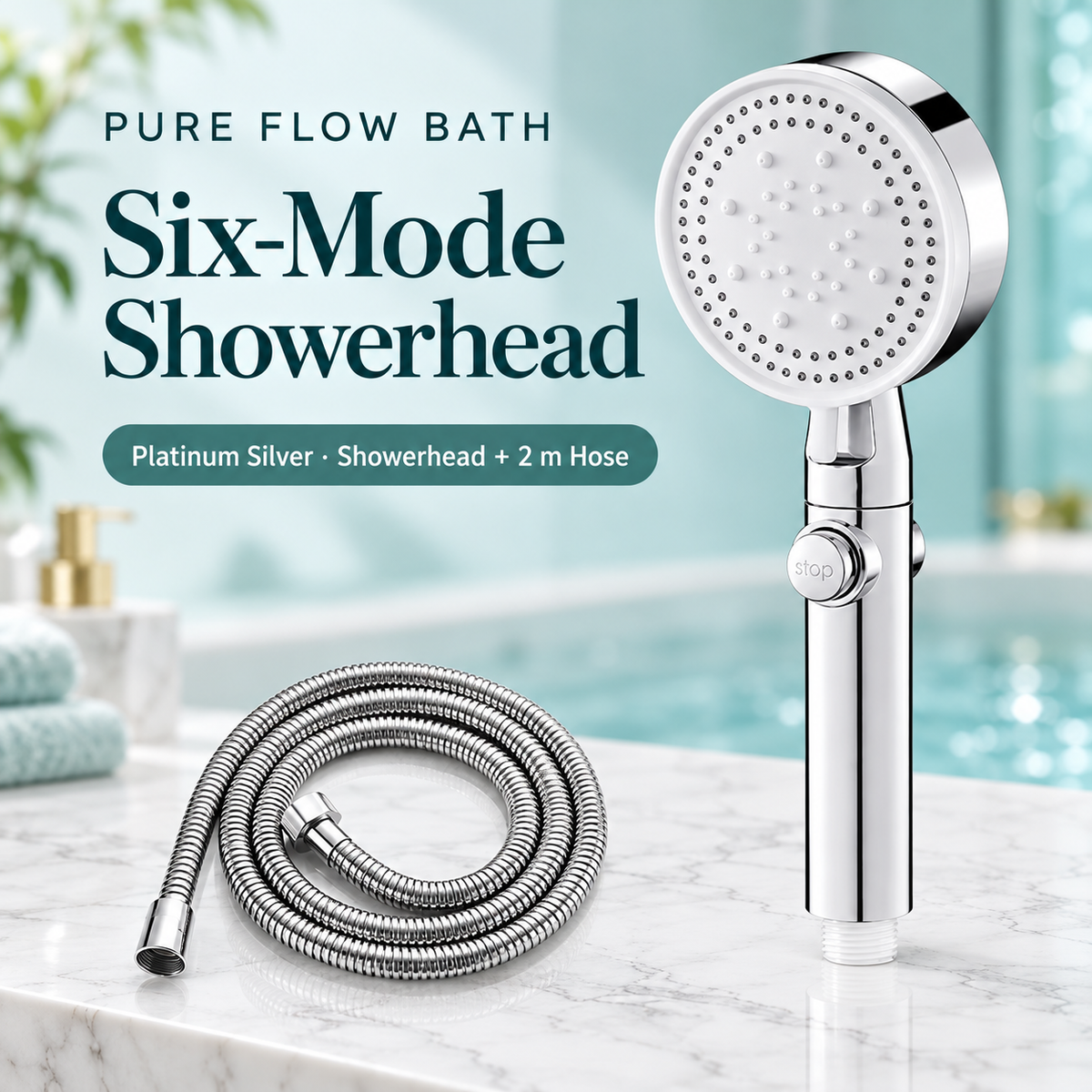 Pure Flow Bath Six-Mode Showerhead — Platinum Silver — Showerhead + 2 m Hose