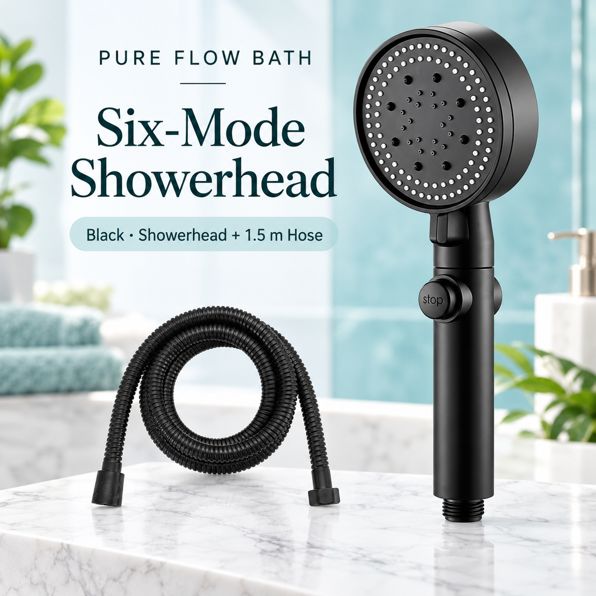 Pure Flow Bath Six-Mode Showerhead — Black — Showerhead + 1.5 m Hose