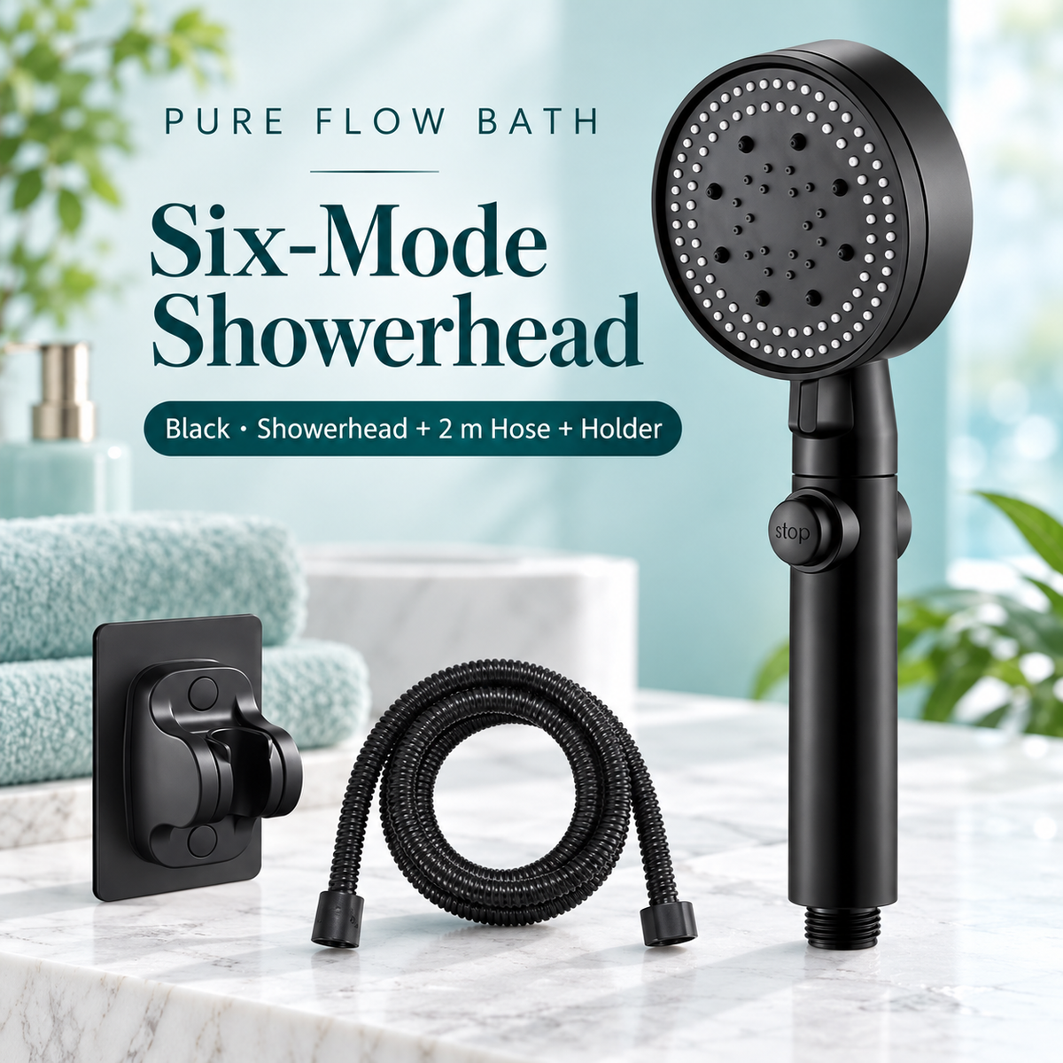 Pure Flow Bath Six-Mode Showerhead — Black — Showerhead + 2 m Hose + Holder