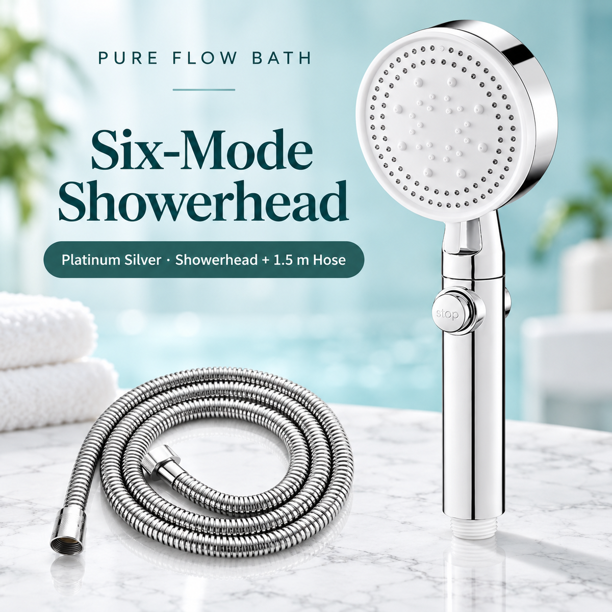 Pure Flow Bath Six-Mode Showerhead — Platinum Silver — Showerhead + 1.5 m Hose