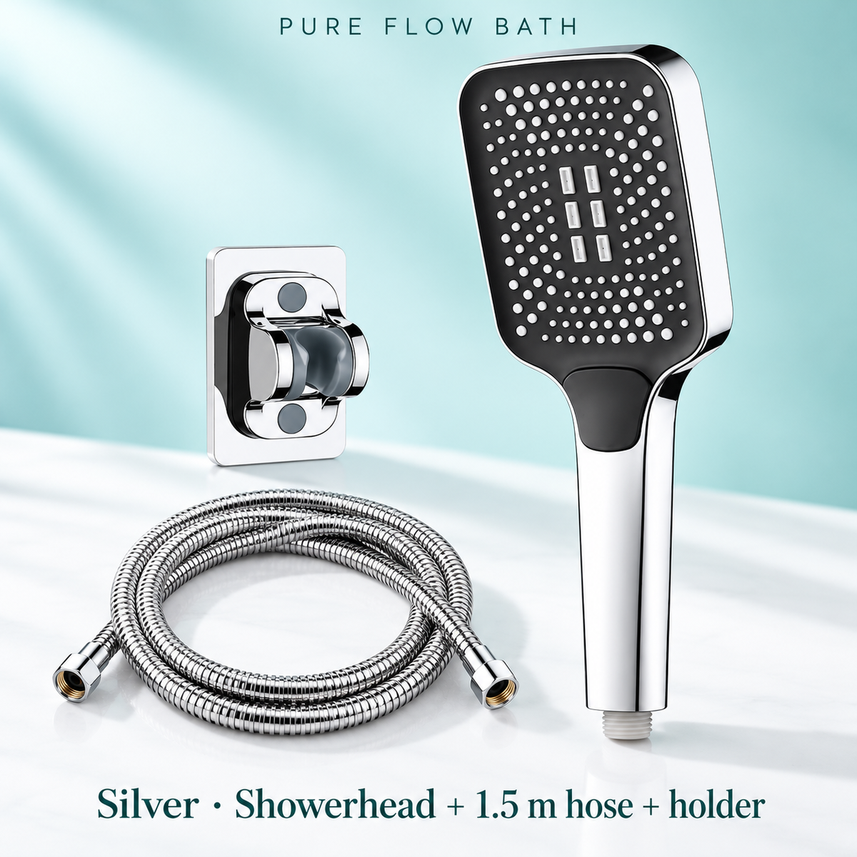 Pure Flow Bath Silver · Showerhead + 1.5 m hose + holder