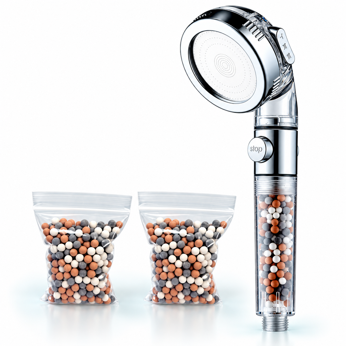 3-Mode Bead Filter Handheld Shower Head with Stop Button - Clear - 2 mixed bead refill bags