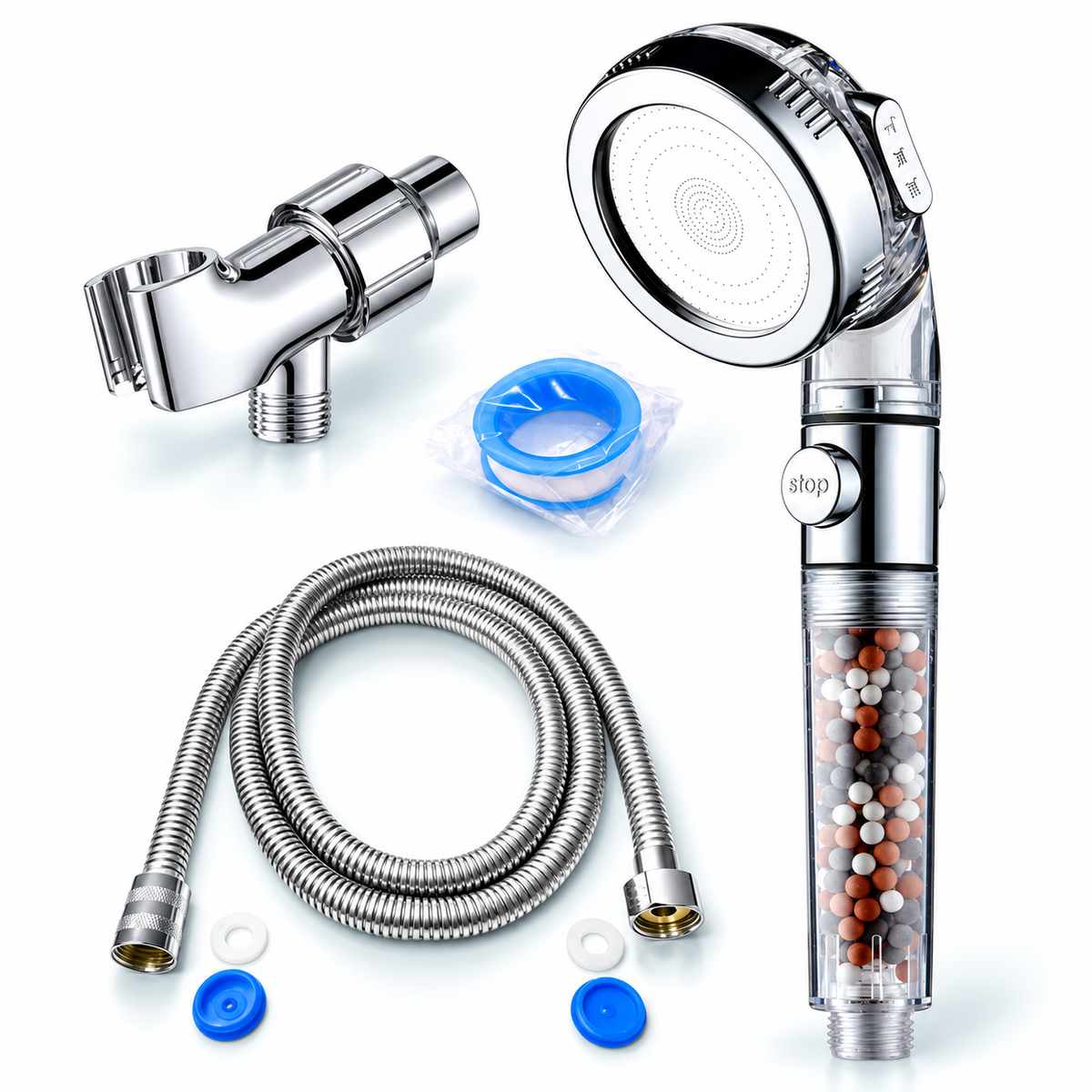 3-Mode Bead Filter Handheld Shower Head with Stop Button - Clear - 1.5 m hose + shower arm holder + tape