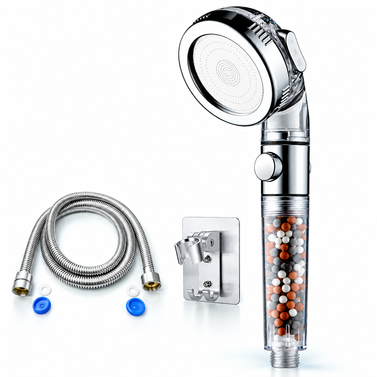 3-Mode Bead Filter Handheld Shower Head with Stop Button - Clear - 1.5 m hose + holder with hooks