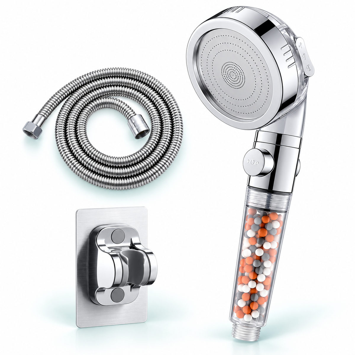 3-Mode Bead Filter Handheld Shower Head with Stop Button - Clear - 1.5 m hose + adhesive holder