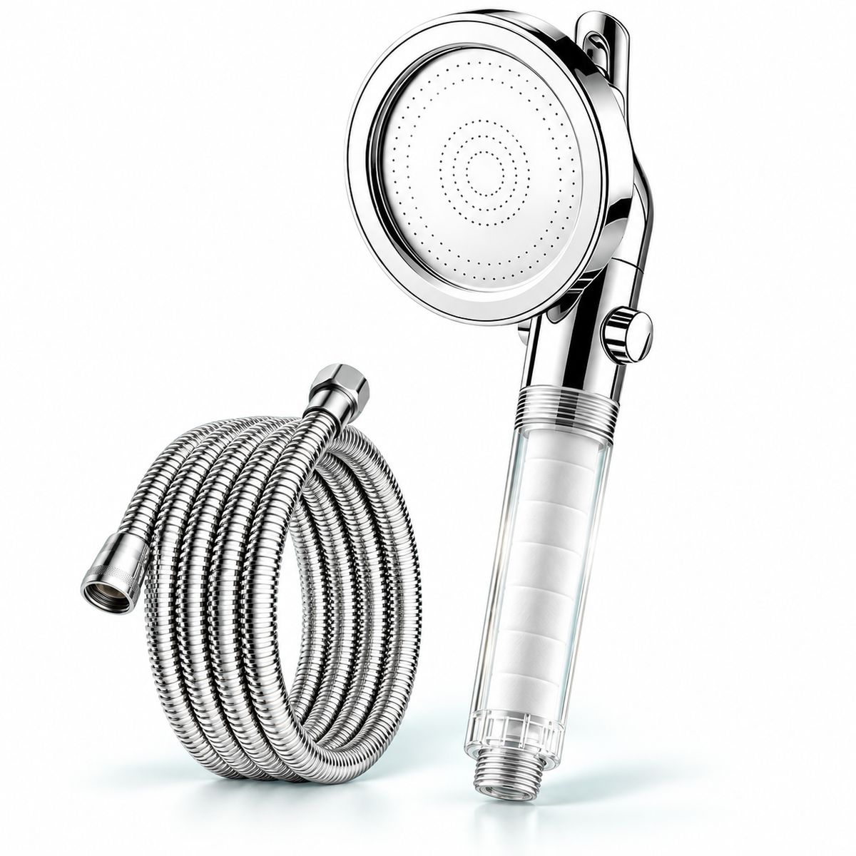 Chrome Silver clear-handle swivel filtered handheld shower head, Head + 1.5 m Hose
