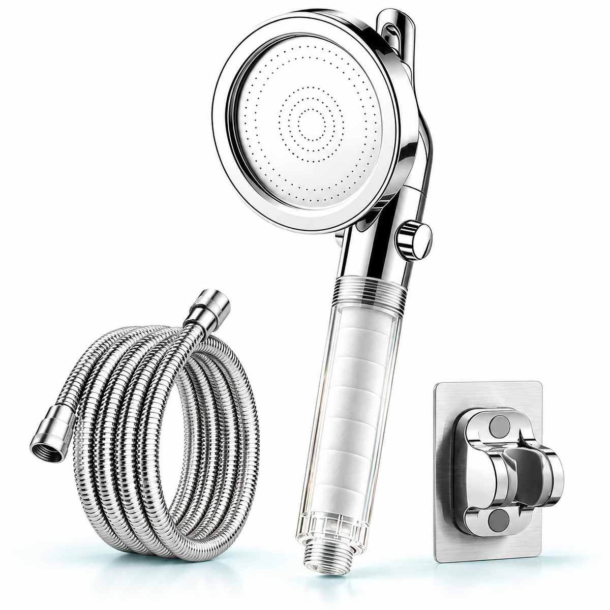 Chrome Silver clear-handle swivel filtered handheld shower head, Head + 1.5 m Hose + Holder