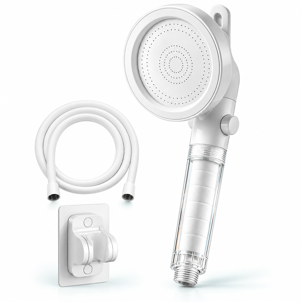 White clear-handle swivel filtered handheld shower head, Head + 1.5 m Hose + Holder