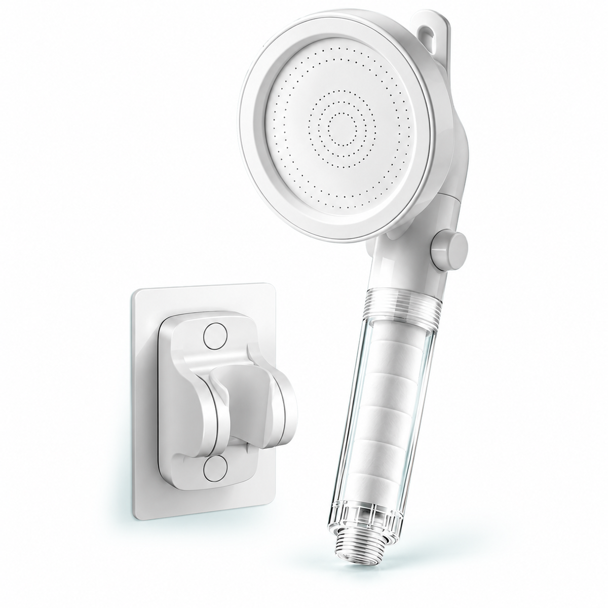White clear-handle swivel filtered handheld shower head, Head + Holder