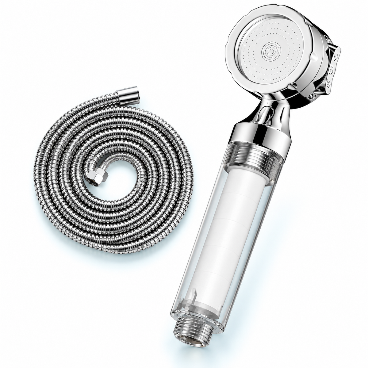 Chrome Silver three-mode filtered travel shower head, Head + 1.5 m Hose
