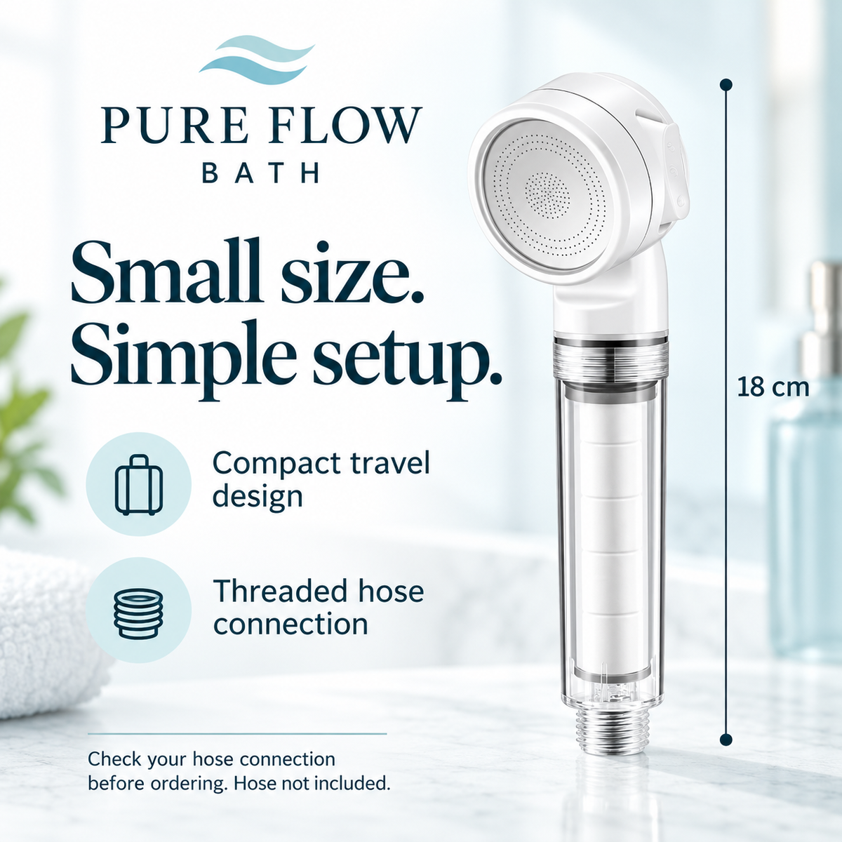 Pure Flow Bath white travel filter showerhead — fit view